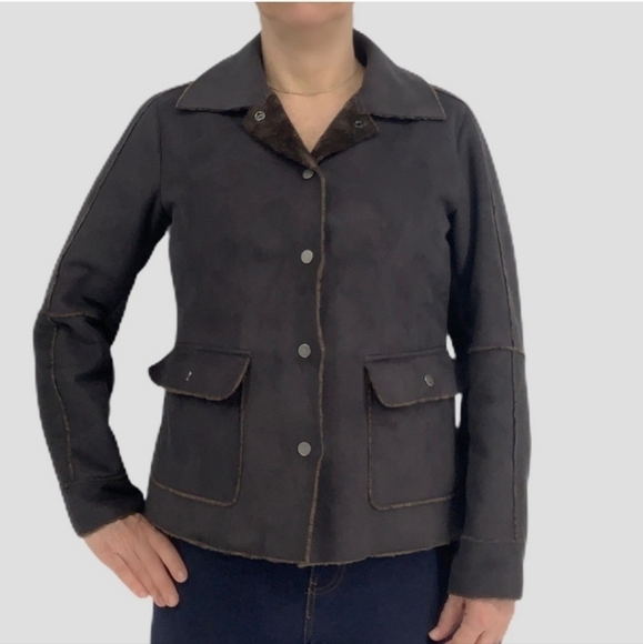 Cabi suede feel chocolate brown fur lined jacket sz large - Picture 1 of 9